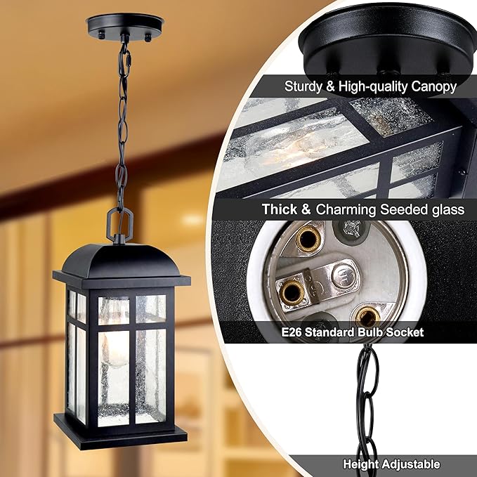 Outdoor Pendant Light for Porch Farmhouse Exterior Pendant Lantern Matte Black Outside Modern Hanging Porch Light with Seeded Glass for Door Patio Entryway Gazebo Breezeway Pergolas Yard