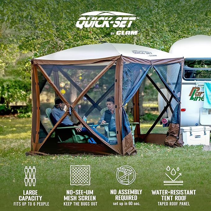 CLAM Pop Up Screen Tent Outdoor Camping Gazebo Canopy Adventure with Wind Panels 9' x 9' Brown