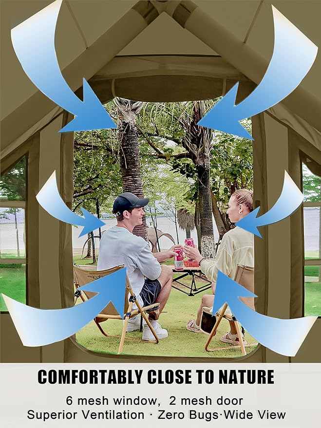 Inflatable Tents with Hand Pump Hot Tent with Stove Jack Easy Blow Up Glamping Tent with Mesh Windows 4-6 Person Instant Family Camping Tents Waterproof for 4 Seasons