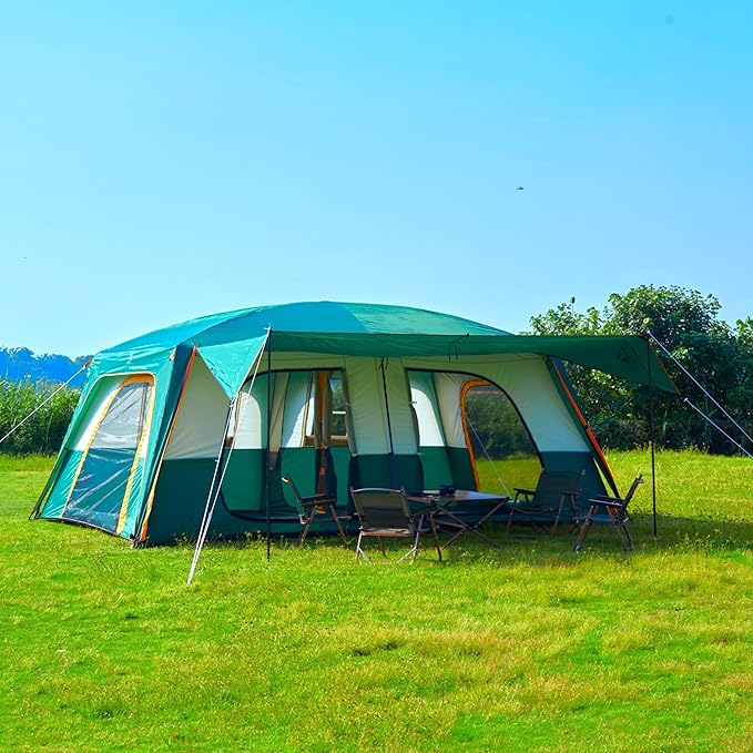 KTT Extra Large Tent 12-14 PersonFamily Cabin Tents2 RoomsStraight Wall2 Doors 4 Windows with MeshWaterproofStraight WallBig Tent for OutdoorPicnicCampingGathering(Brown)