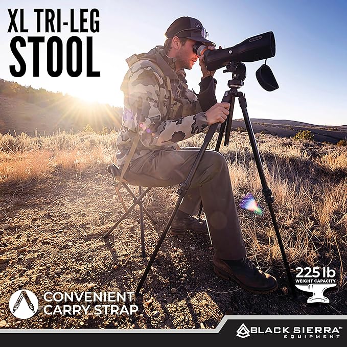 Black Sierra Folding Hunting Stool w/Shoulder Strap Supports 225 lbs Lightweight Collapsible Tripod Seat Foldable Steel Frame Chair Perfect for the Hunting Blind Fishing Hiking Travel