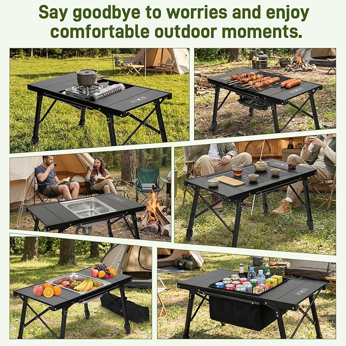Folding IGT Camping Table Portable Outdoor IGT Cooking Camping Tables Ultra-Lightweight Aluminum Foldable Camping Table with Carry Bag for Car Camping Picnics RV Travel and BBQ