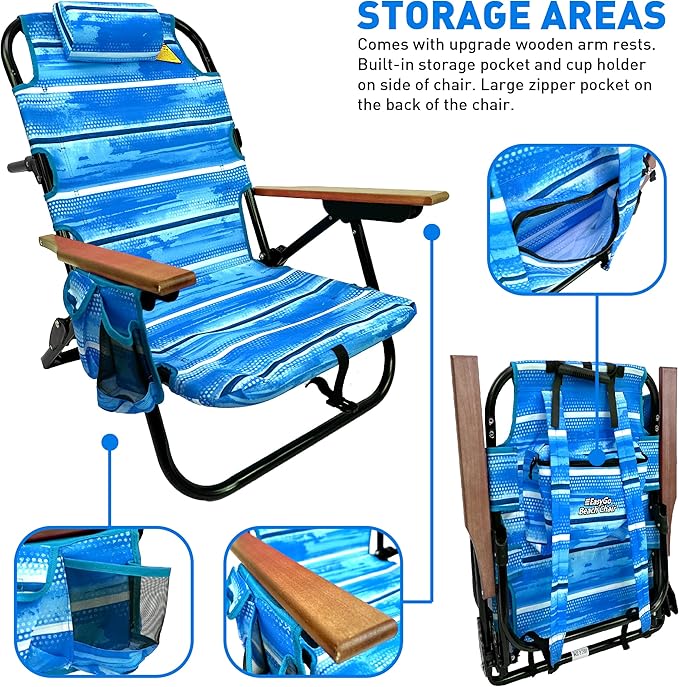 EasyGo Product Backpack Beach Chair 5 Positions and Cup Holder Pouch on Side Padded Pillow Storage Bag on Back Lightweight Rustproof Aluminum Black Frame - 1 Pack Blue