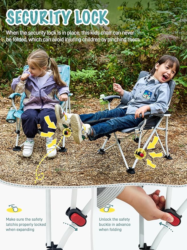 EVER ADVANCED Kids Camping Chairs with Cup Holder Padded Folding Camping Chair Outdoor with Safety Lock Carry Bag Lightweight Portable Camp Chairs for Beach Balcony Patio Supports 150lbs Grey