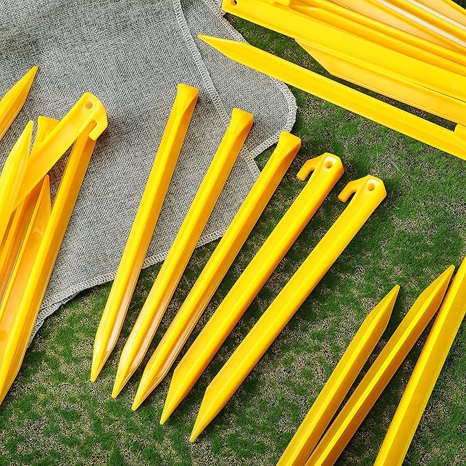 Sumind 24 Pcs Plastic Tent Stakes 12 Inch Heavy Duty Anchoring Tent Pegs Yellow Spike Hook for Rust-Proof Garden Lawn Camping Beach Canopy Outdoor Sand Pegs Accessories