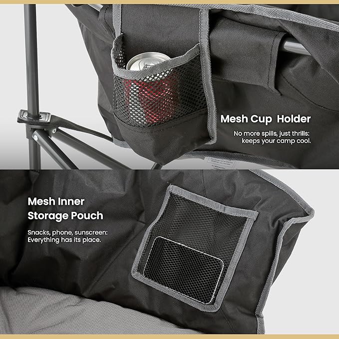 ARROWHEAD OUTDOOR Oversized Heavy-Duty Club Folding Camping Chair with Pocket Cup Holder Portable Padded Moon Round Saucer Supports 330lbs Carrying Bag