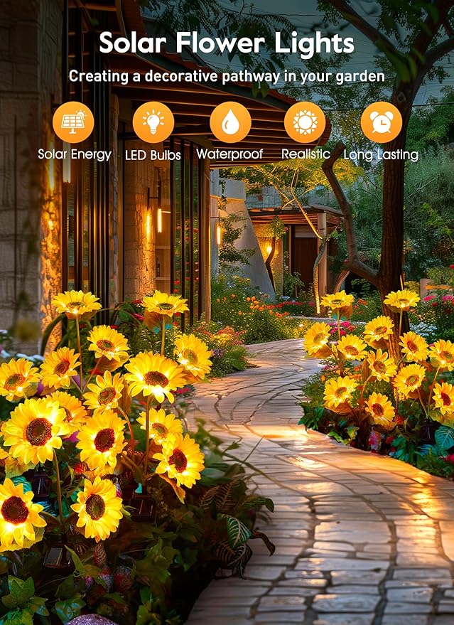 Brightown Outdoor Solar Garden Lights - 4 Pack LED Flower Lights with Larger Sunflowers Bigger Solar Panel Waterproof for Outside Yard Patio Garden Decorations