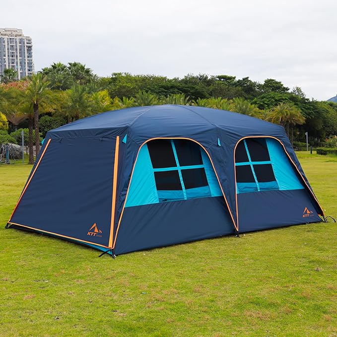 KTT Extra Large Tent 12 PersonFamily Cabin TentsAwning2 Rooms4 Doors and 4 Windows with MeshStraight WallWaterproofDouble LayerBig Tent for OutdoorPicnicCampingFamily Gathering
