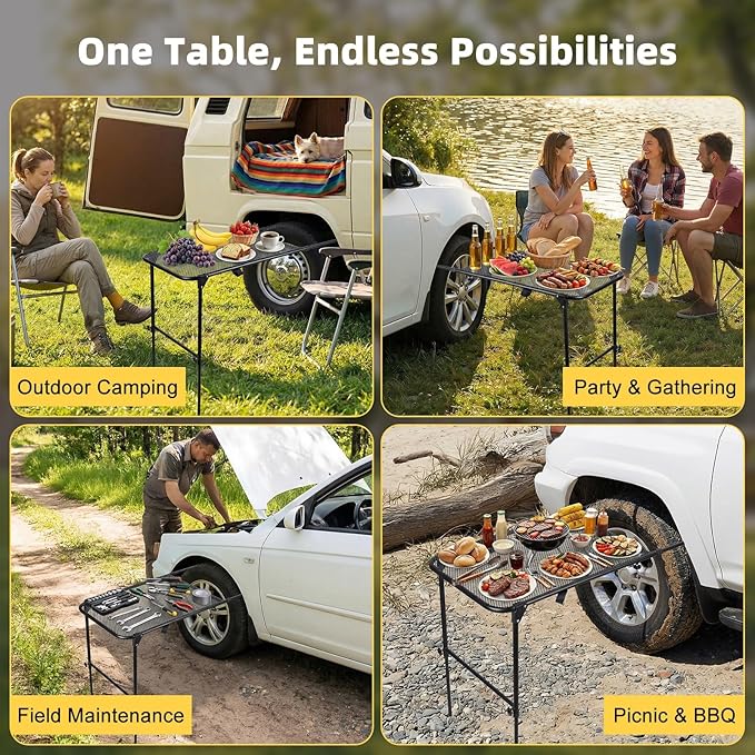 Camping Table for Tire Mount 66Lbs Capacity Heavy Duty Carbon Steel Foldable Table Portable Side Stand for Car Tailgate and RV Travel Black