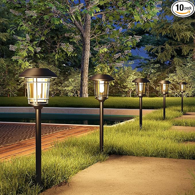 Grand patio Solar Outdoor Lights 10 Pack Glass Light Metal Pathway Light Waterproof Landscape Lighting Automatic Dusk and Dawn Sensor (Slate Gray)