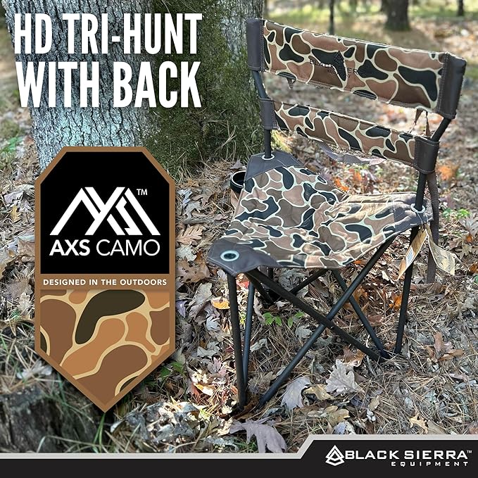 Black Sierra HD Tri-Hunt with Back Hunting Stool Foldable Tripod Seat w/Steel Frame Supports 300-lb Heavy Duty Fishing Chair Features Cup-Holder &amp Carry Shoulder Strap for Camping