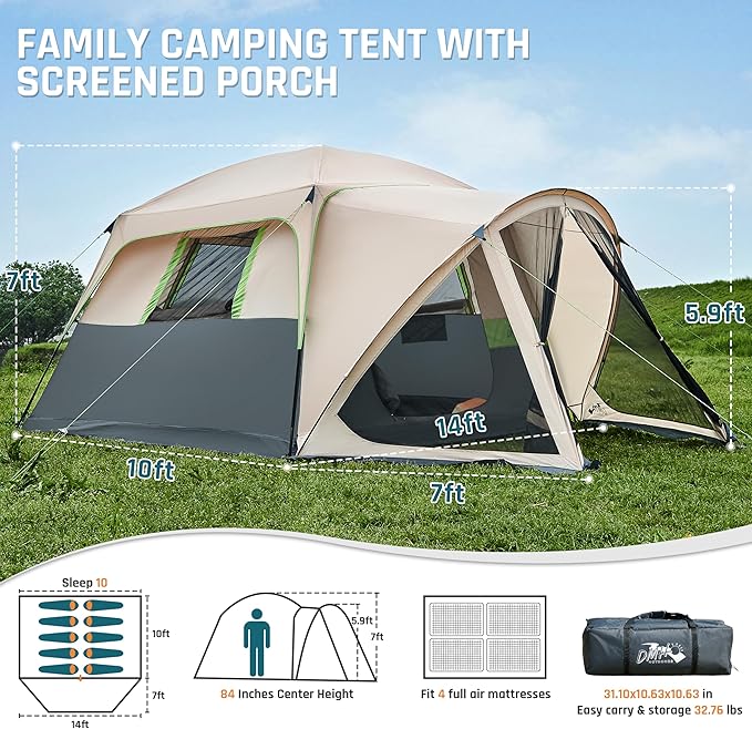 Tents for Camping 6/10 Person Camping Tent with Screen Porch Weatherproof Large Cabin Tent with Rainfly and Carry Bag Family Tent for Outdoor Camping and Backyard