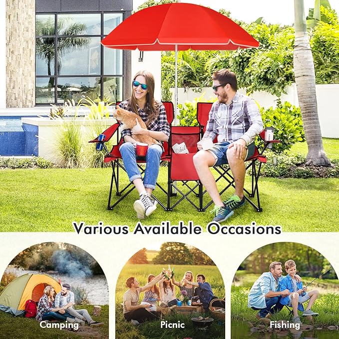 Giantex Double Camping Chair with Umbrella - Folding Picnic Loveseat with Carrying Bag Cooler Bag Table Side Pocket &amp Cupholder Portable Beach Chair for Camping Picnic Fishing Beach