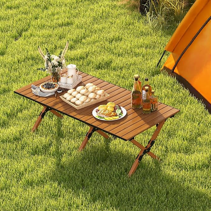 COSTWAY Folding Picnic Table Roll-Up Aluminum Camping Table with Wood Grain Portable Low Height Beach Table with Carry Bag for Camping Picnic BBQ &amp Hiking Easy Assembly Natural (47” x 23” x