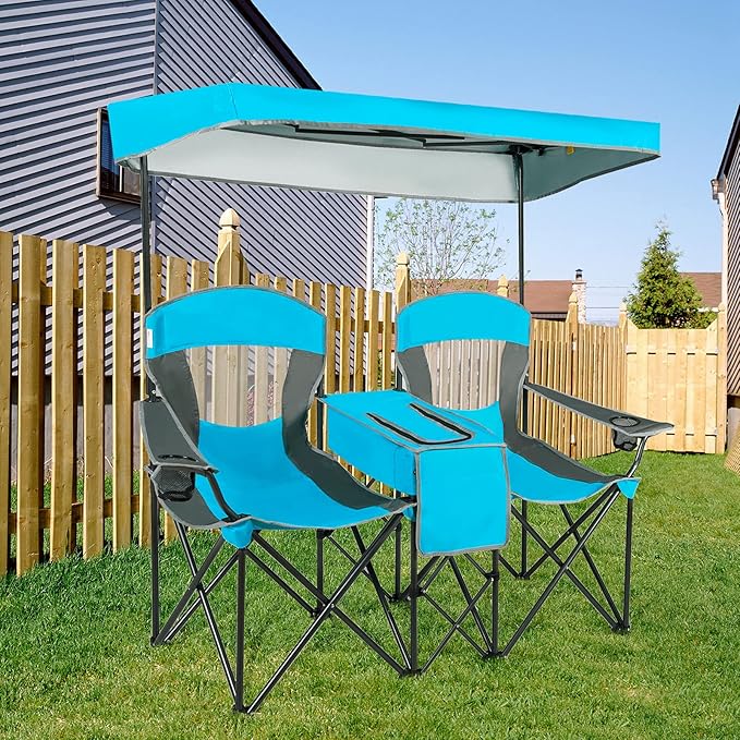 GYMAX Double Camping Chair Beach Chair with Canopy Shade Adjustable UV Protection Cooler Cup Holder &amp Carry Bag Folding Portable Lawn Soccer Camp Chair with Umbrella for Adults (Blue 2 Perso