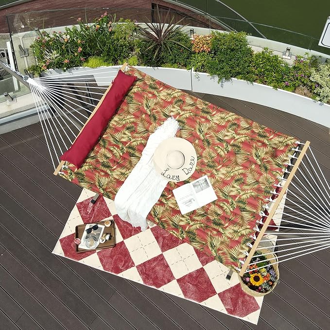 Lazy Daze Hammocks 12FT Quilted Fabric Hammock with Soft Pillow Double 2 Person Tree Hammock with Spreader Bar for Outside Patio Poolside Backyard Beach 450 lbs Capacity Red Leaf