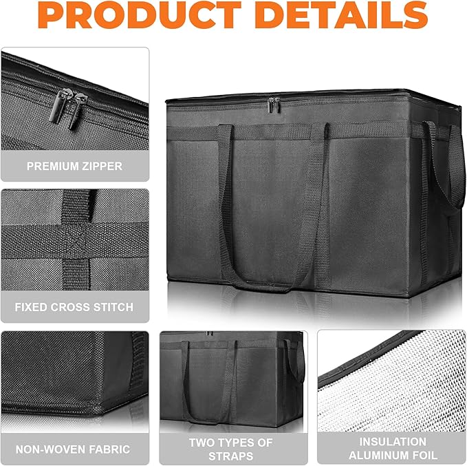 Pack of 2 Insulated Food Delivery Bag with Hard Bottom XXXL Large Reusable Thermal Cooler Grocery Tote Bag Commercial Pizza Delivery Box Carrier for Uber Eat Door Dash Essentials Hot and Cold Food