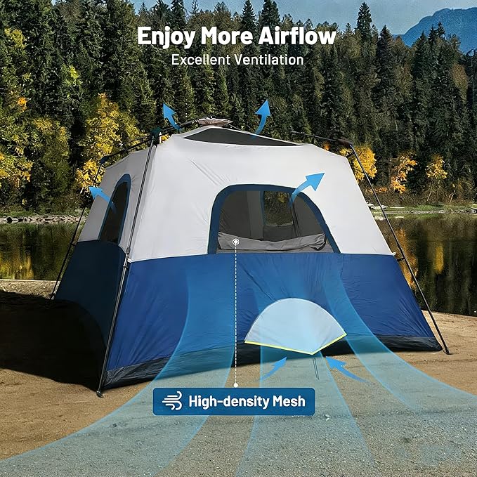 3/4 Person Camping Tent with 1 Door 4 Windows and Upgraded Ventilation– Instant Setup Waterproof 8'x 8'x 67''Oxford Fabric Floor Pop Up in 60 Seconds Includes Rainfly and Backpack