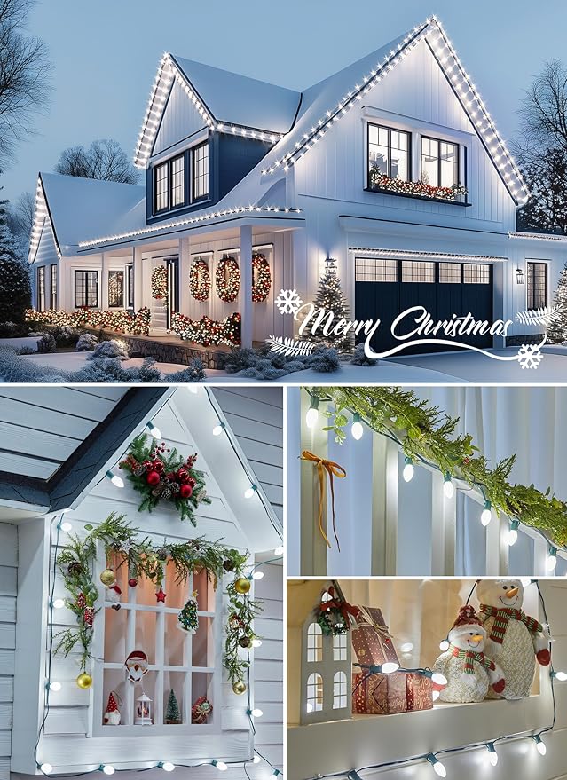 Moonflor C9 Christmas Lights Outdoor Vintage Christmas String Lights 100FT 100LED Green Wire (Warm White)