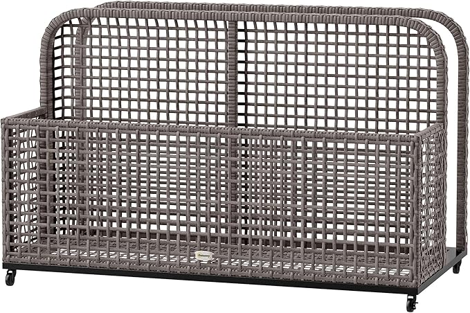 43.25x22.5x28in Outdoor Pool Storage Caddy: PE Rattan Basket Reinforced Steel Dual-Section Locking Casters Light Gray