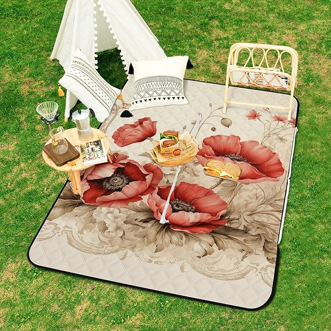 Zipper Poppies and Lace Style Picnic Mat Suitable for Travel Camping Park Or Home Use