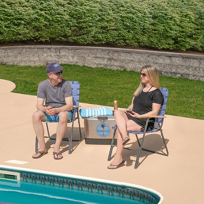 Camp &amp GO Steel Folding Grey Outdoor Patio/Camping Chair with Blue Woven Fabric and Arm Rests (Pack of 2)