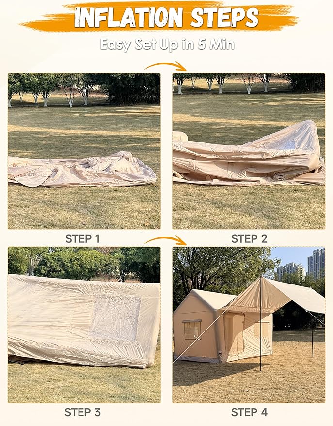 Inflatable Tents for Camping - 6 Person Blow Up Tent with Hand Pump &amp Awning Quick Setup Waterproof Oxford 4 Season Air Glamping Inflatable House for Camping Tent