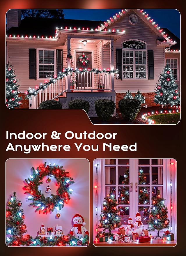 C9 Outdoor Christmas Lights 72 FT 110 LED C9 String Lights 8 Modes &amp Timer Extendable Waterproof for Christmas Tree Indoor Outdoor Roofline Patio Outside Garden Backyard Xmas Decor Red White 2
