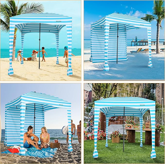 Beach Tent Beach Canopy Beach Cabana with One Side Detachable Cover Large Space 6ftx6ft Waterproof and UPF UV 50+++ Sun Protection for Beach Lake Outdoor Camping Beach Umbrella (Blue Stripe)