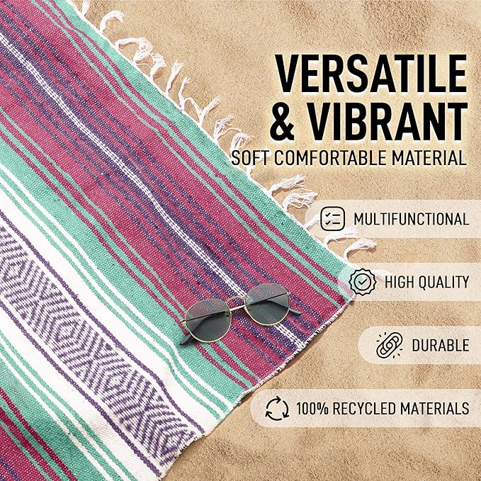 Hydration Nation Authentic Extra Large Mexican Blanket (70x50) - Handwoven Yoga Serape- Artisanal Falsa Beach Camping Picnic Outdoor - Dawn