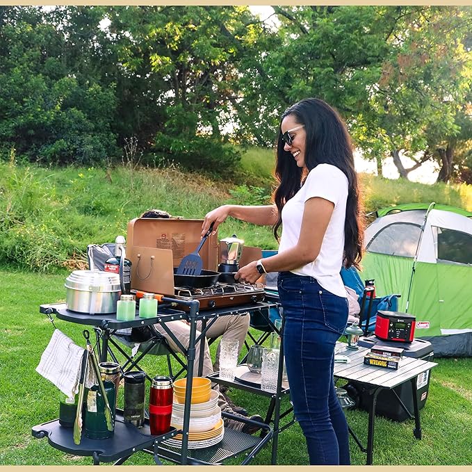 ARROWHEAD OUTDOOR 54 Wide Quick Folding Kitchen Station with Add-on Windscreen 4 Side Tables Aluminum Tabletop Tool-Hanging Cord 154 LBS Max Weight Load for Patio BBQ and Camping