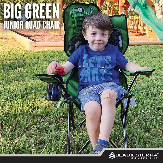 Black Sierra Folding-Lawn Chair for Camping Beach Backyard Sporting Events. for Kids Ages 3-10. Comes with Cup Holder and Carry Bag. Portable-Chair for Travel Supports 150 Lbs. (Big Green)
