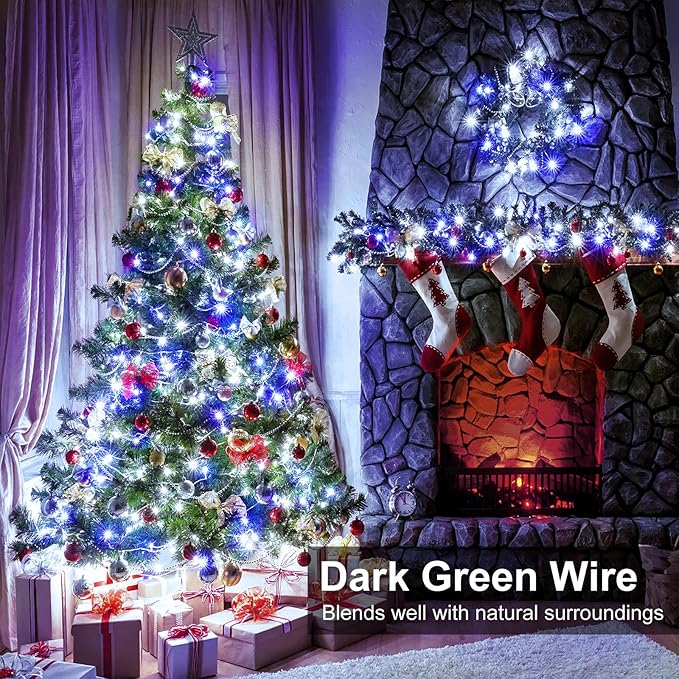 Blue and White Christmas Lights Outdoor 100FT 300 LED Christmas Tree Lights with 8 Modes Waterproof Connectable Green Wire String Twinkle Lights for Indoor Patio Garden Xmas Party Decorations