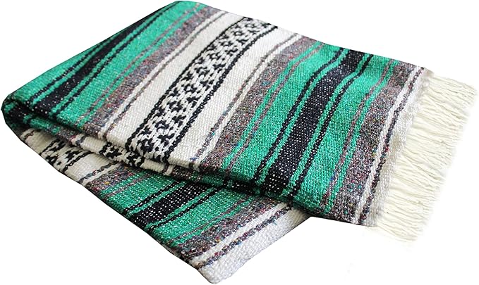 Del Mex Classic Mexican Blanket Large Authentic Woven Falsa Throw (70x50) Artisan Southwest Décor for Beach Yoga Outdoors (Teal)