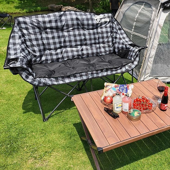 Padded Double Camping Chair Folding Loveseat 2 Person Camp Chair Heavy Duty Lawn Chairs Camping Couch Outdoor Sofa