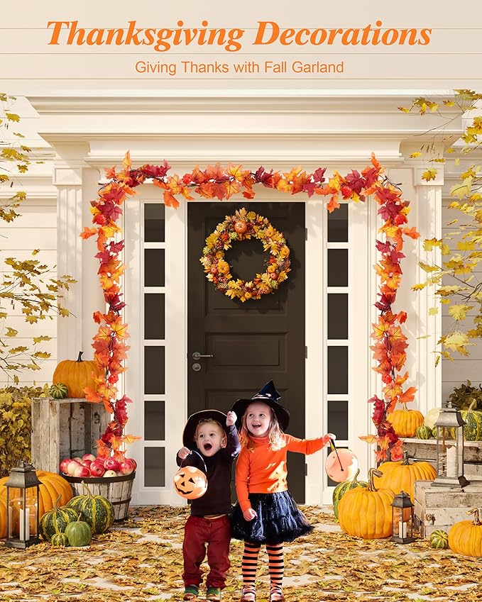 VCOKEN 11FT Fall Garland With Lights - 50 Bulbs Connectable Maple Leaves With Pumpkin Plug-in Decor for Outdoor Indoor Halloween Thanksgiving Holidays
