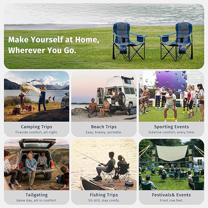 East Oak Oversized Camping Chair | Heavy Duty Camping Chairs | 500LBS Support 600D Oxford Cup Holder &amp Side Pocket | Ideal for Camping Beach Sports Events| Blue&ampGrey
