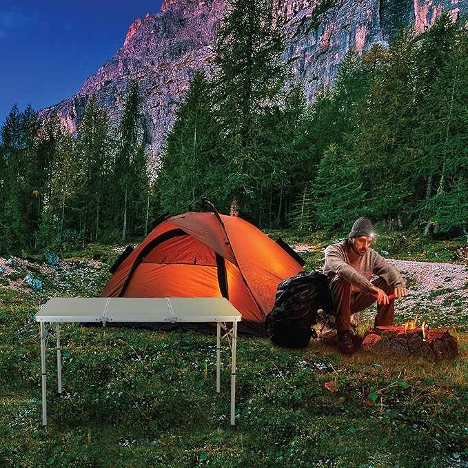 ARROWHEAD OUTDOOR 4’ ft Heavy-Duty Portable Aluminum Frame Folding Table w/Leveling Feet Solid Tabletop Surface 2 Adjustable Heights Carrying Case Included Lightweight USA-Based Support