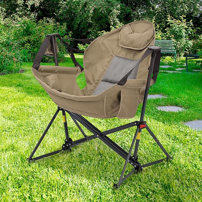 Ainfox Hammock Camping Chair Foldable Portable Rocking Chairs for Adults Outside Swinging Camp with Cup Holder Pillow for Outdoor Patio Poolside (Brown)