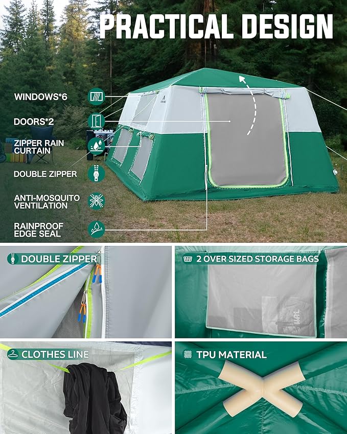 14.1'x6.5'x9' Inflatable Tents for Camping Portable 6/8/10 Person Blow Up Air Tent Waterproof Windproof Easy Setup Large Family Tent with 2 Doors 6 Windows Mosquito Screen