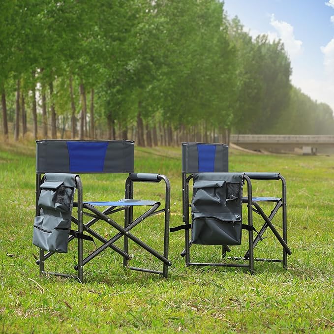 2-Piece Padded Folding Outdoor Chair with Storage PocketsLightweight Oversized Directors Chair for Indoor Outdoor Camping Picnics and FishingBlue/Grey