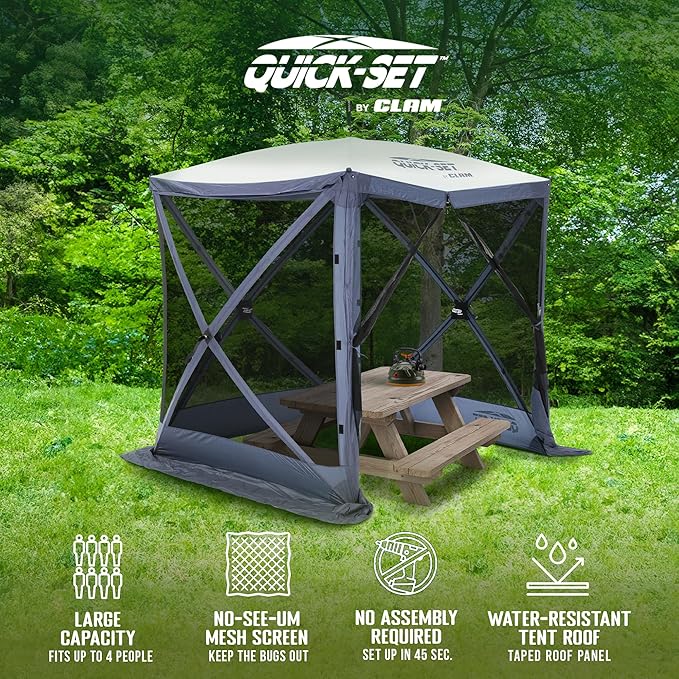 CLAM Pop Up Screen Tent 6' x 6' Outdoor Camping Gazebo Portable 4-Sided Canopy with Ground Stakes &amp Carry Bag Traveler Blue