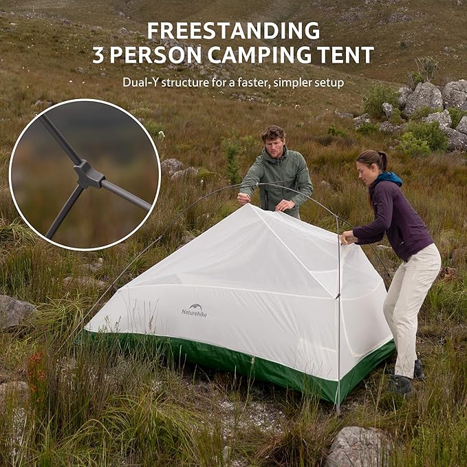 Naturehike Cloud Up 3 Person Backpacking Tent with Footprint - 3 Season Free Standing Lightweight 3 Person Camping Tent | with Footprint Free Standing Dome Camping Hiking Waterproof