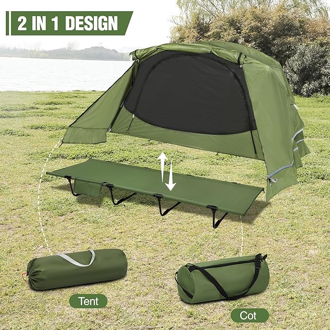 REDCAMP 1 Person Camping Cot Tent for Adults Waterproof Elevated Tent with Cot for Trip Picnic Army Green 75x28x48