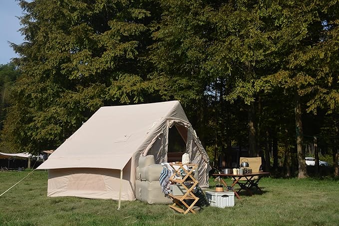 Inflatable Camping Tent Easy Setup 4 Season Glamping Tent Inflatable Structure 4-6 Persons Waterproof Windproof Outdoor Self-Supporting Blow up Tent Air Tent Portable House Beige