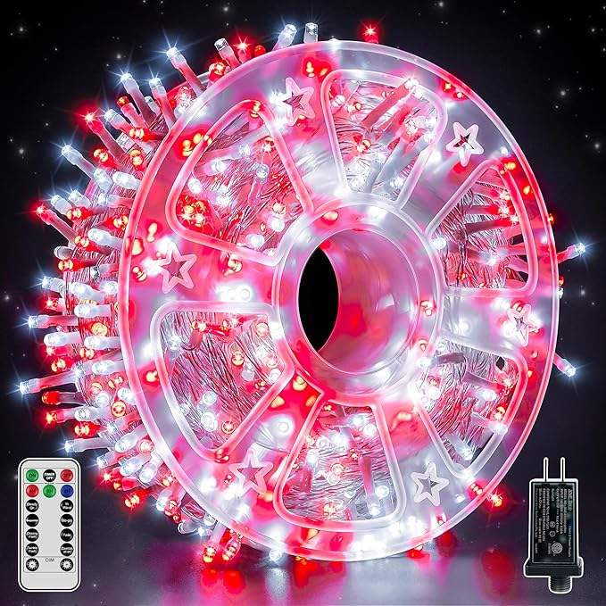 Christmas Lights 600 LED 98FT Waterproof Outdoor String Lights with Remote and Timer 8 Modes Dimmable Fairy Lights for Indoor Outdoor Wedding Party Holiday Decorations (Red and White)
