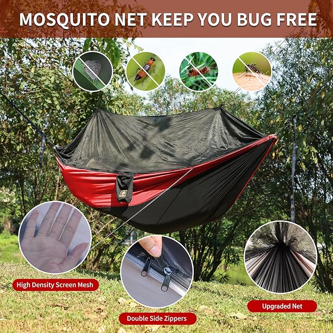 Camping Hammock with NetPortable Lightweight Double Hammocks with Tree Straps and Solid D-Shape CarabinersParachute Nylon Hammock for Backpacking Beach Backyard Patio Hiking Black&ampRed