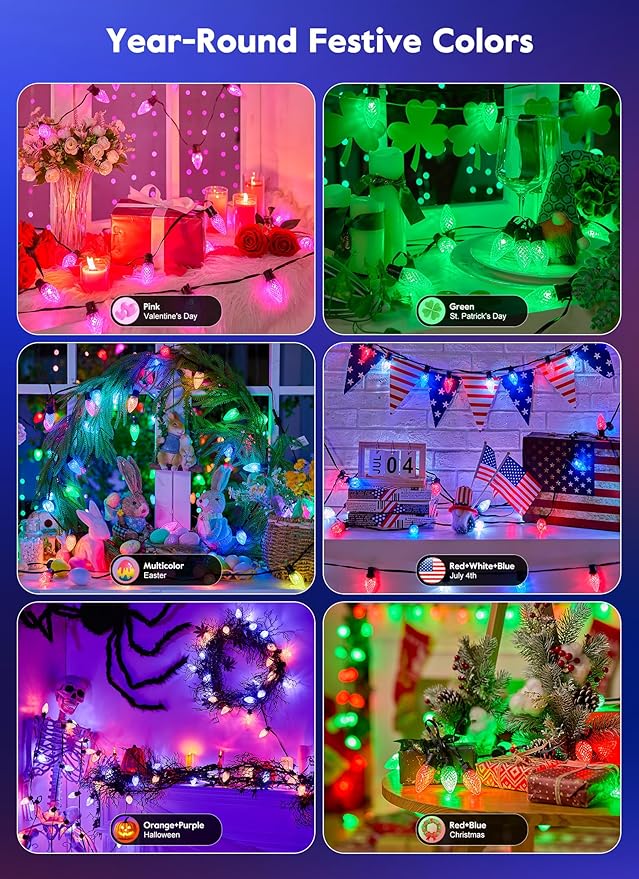 Brightown Smart C9 LED Christmas Lights 150 LED RGB C9 String Light with Remote App Control Music Sync Connectable Waterproof Outdoor Christmas Lights for House Tree Patio Holiday Xmas Decor