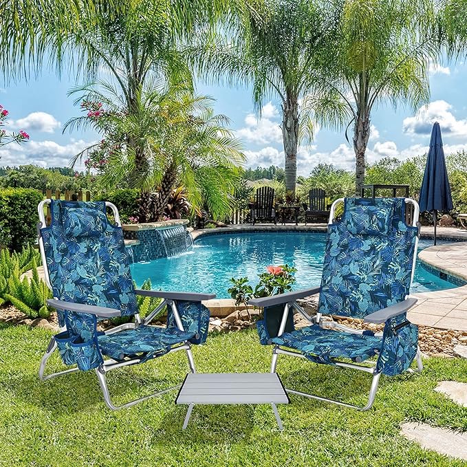 Giantex Folding Beach Chair Patio Sling Chairs with 5 Adjustable Position Head Pillow Storage Bag Towel Bar Cup Holders Backpack Chairs for Sunbathing Camping Chair