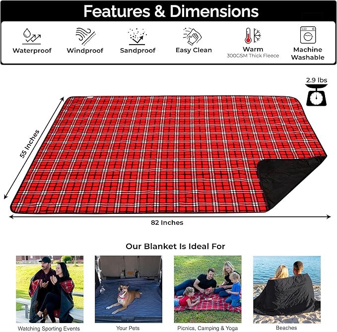 BRAWNTIDE Large Outdoor Waterproof Blanket - Extra Thick Fleece Warm Windproof Sandproof Quilted 82 x 55 Ideal for Beaches Picnics Camping Stadiums Dogs Car